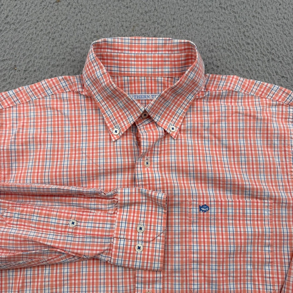 Southern Tide Button Down Shirt Mens Size Medium Orange Gingham Long Sleeve
